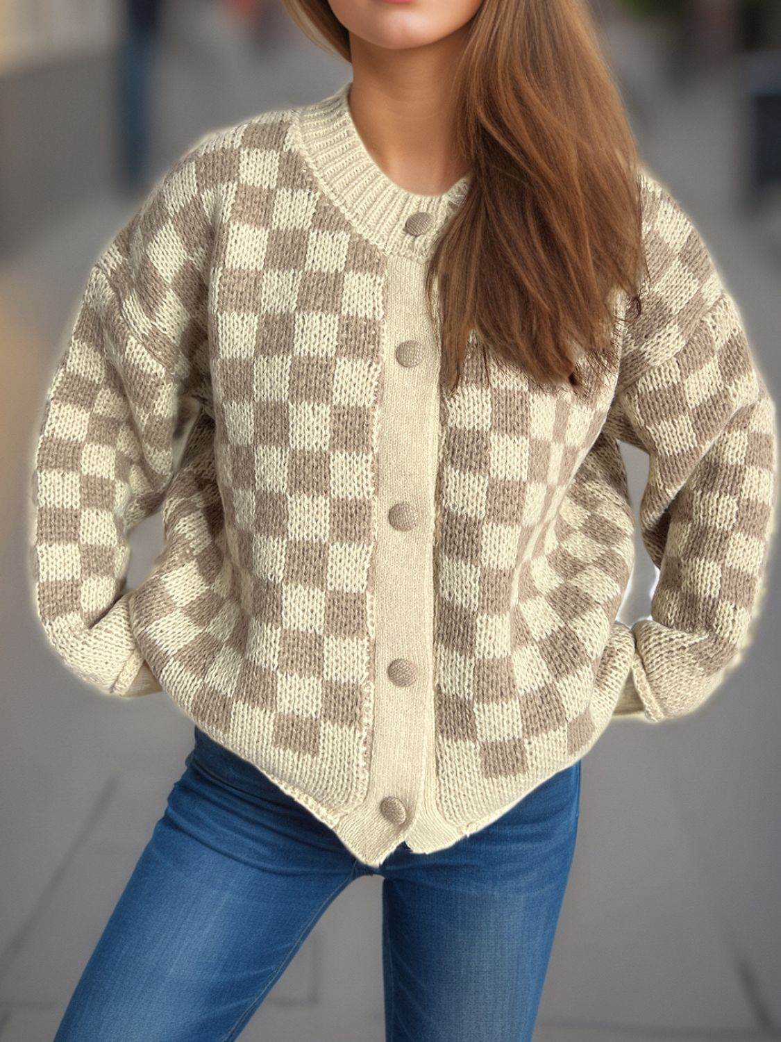 Checkered Button Up Round Neck Cardigan - Delanoir