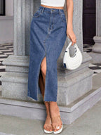 Slit Midi Denim Skirt with Pockets - Delanoir
