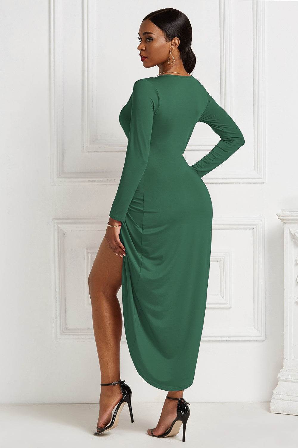 High-low Ruched Surplice Long Sleeve Dress - Delanoir