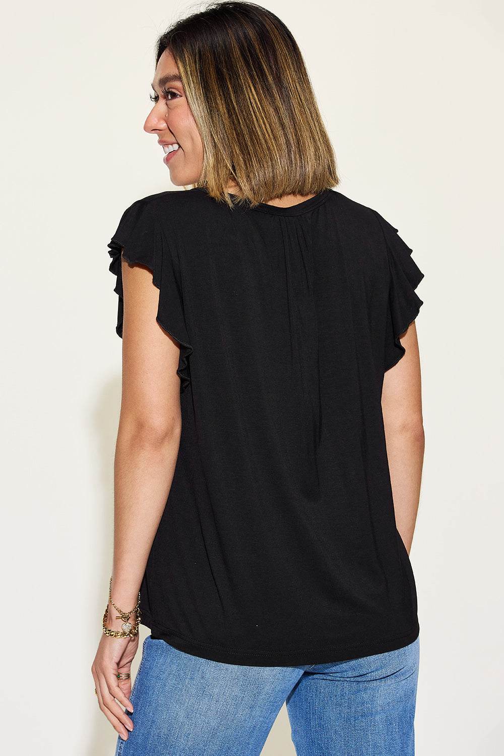 Basic Bae Full Size Bamboo Notched Ruffled Short Sleeve T-Shirt - Delanoir