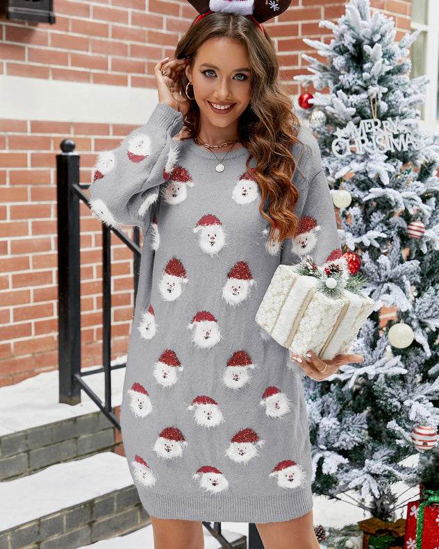 Round Neck Dropped Shoulder Sweater Dress - Delanoir