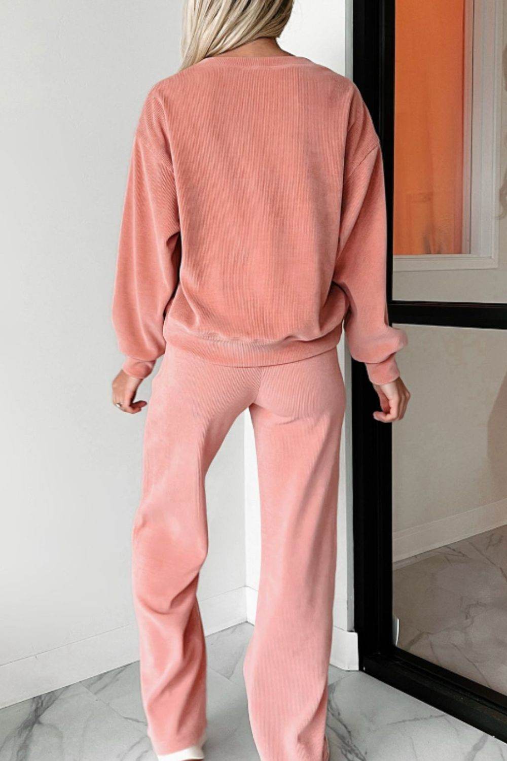 Round Neck Long Sleeve Top and Pants Set - Delanoir