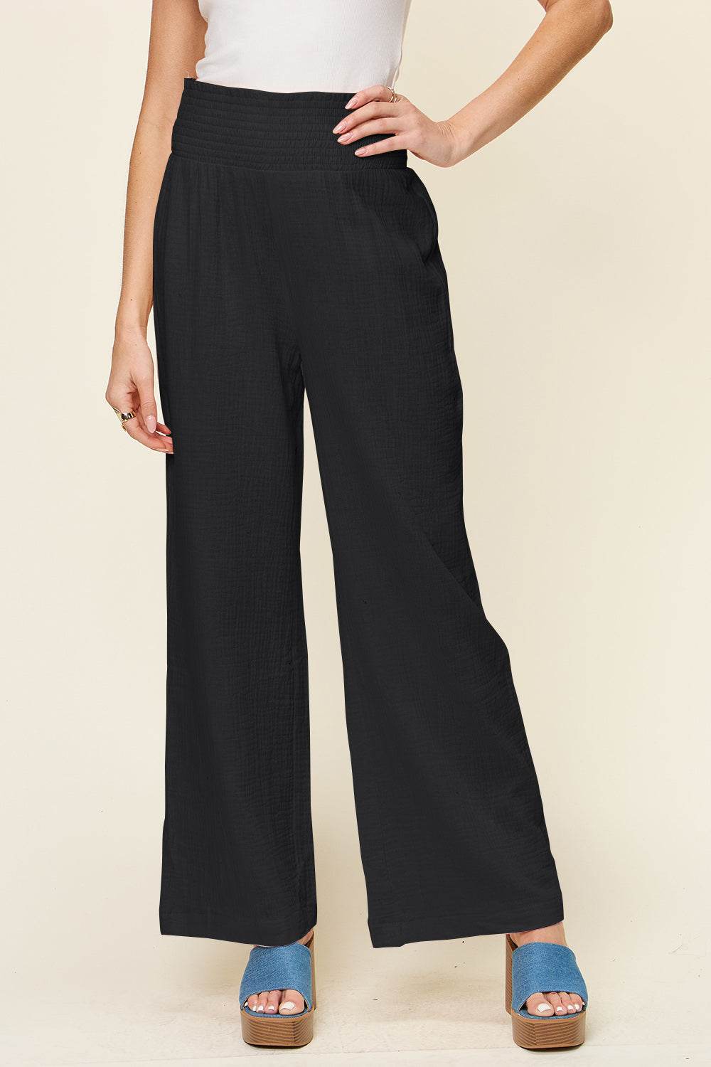 Double Take Full Size Texture Smocked Waist Wide Leg Pants - Delanoir