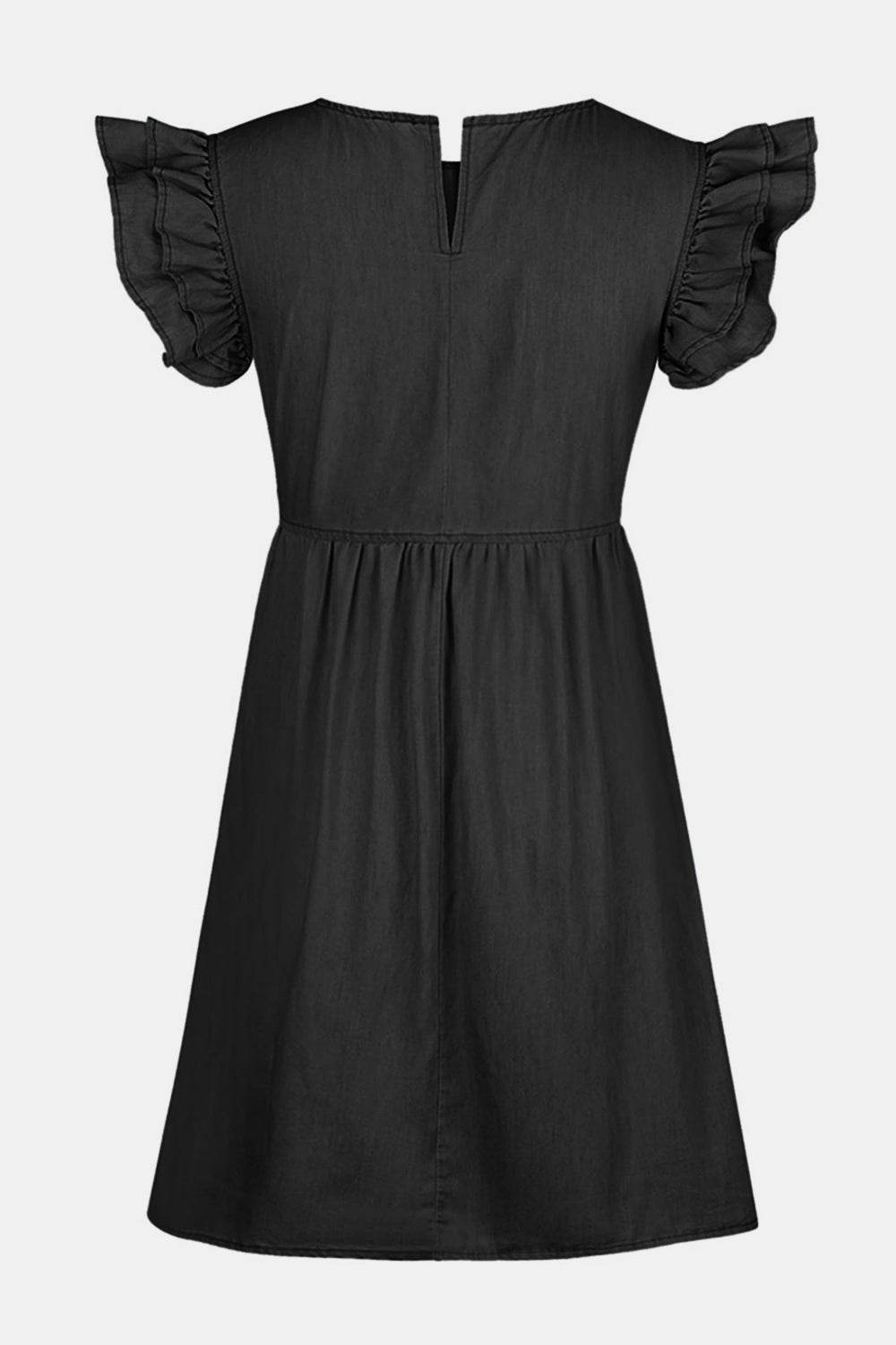Full Size Ruffled Round Neck Cap Sleeve Denim Dress - Delanoir