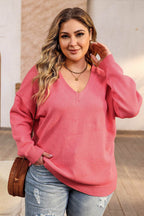 Plus Size V-Neck Dropped Shoulder Sweater - Delanoir