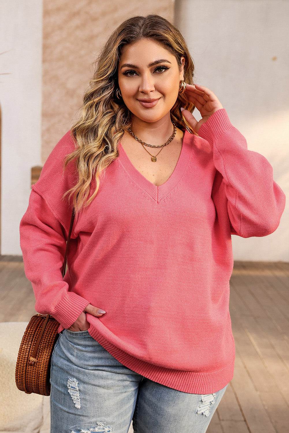 Plus Size V-Neck Dropped Shoulder Sweater - Delanoir