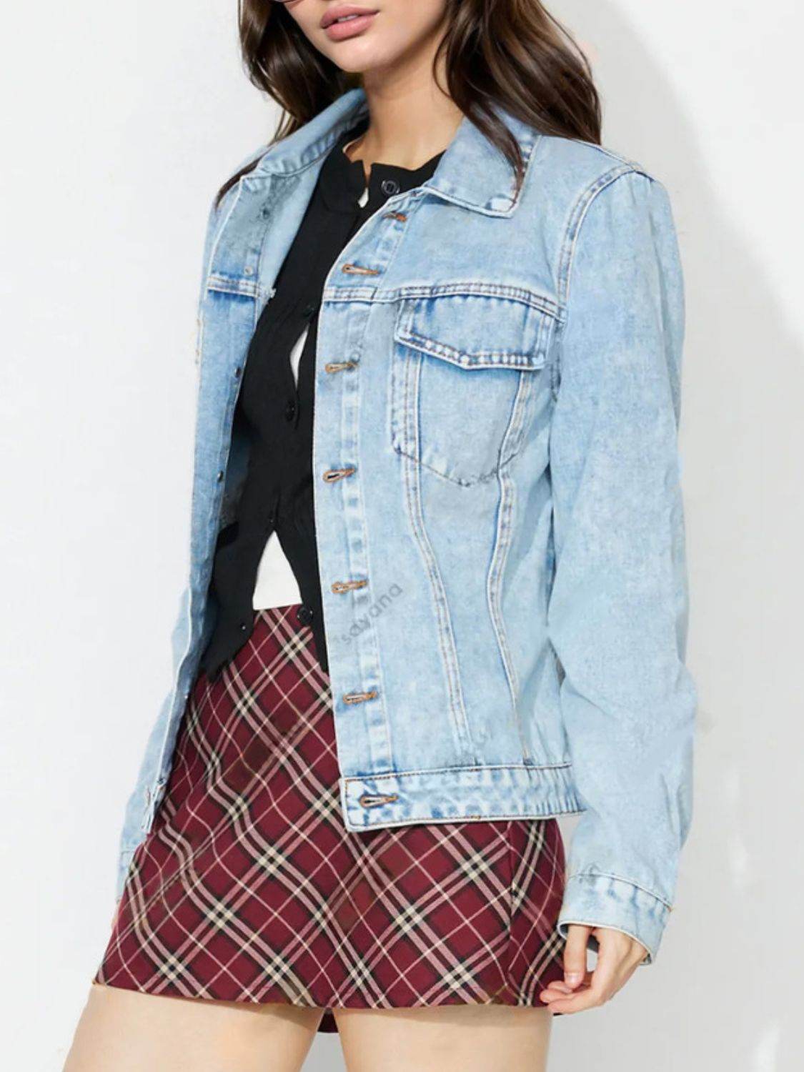 Button Up Long Sleeve Denim Shacket - Delanoir