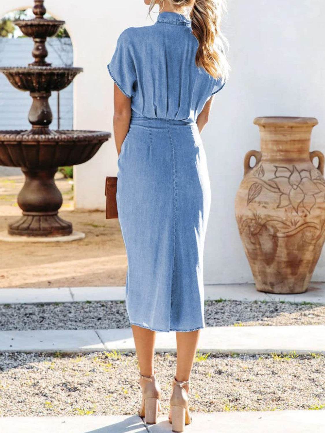 Tied Button Up Short Sleeve Denim Dress - Delanoir
