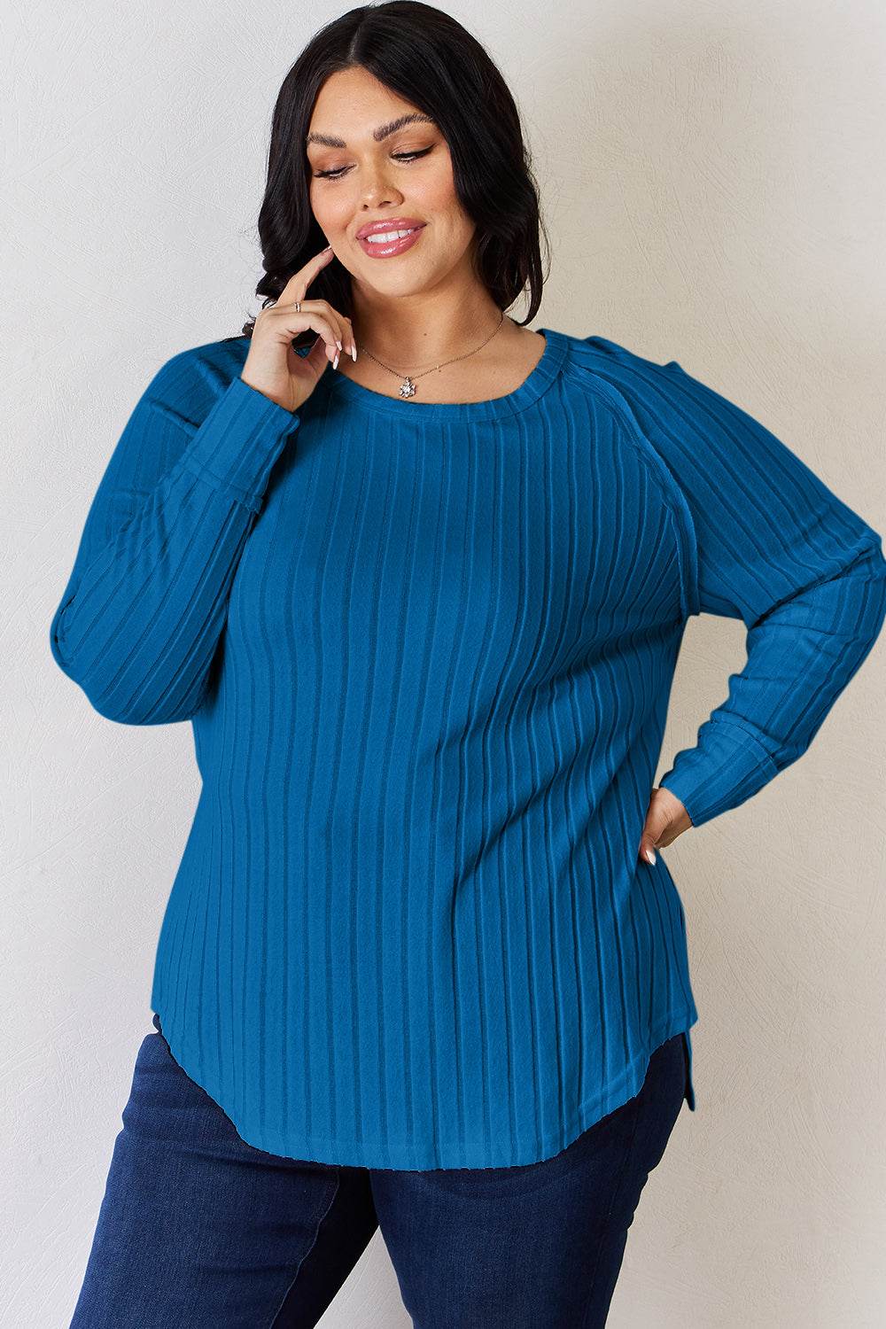 Basic Bae Full Size Ribbed Round Neck Slit T-Shirt - Delanoir