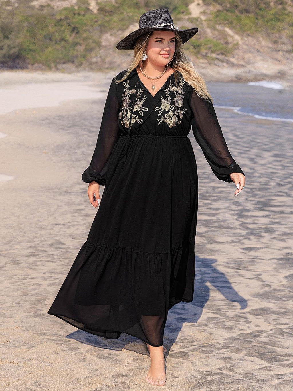 Plus Size Embroidered Tie Neck Long Sleeve Dress - Delanoir