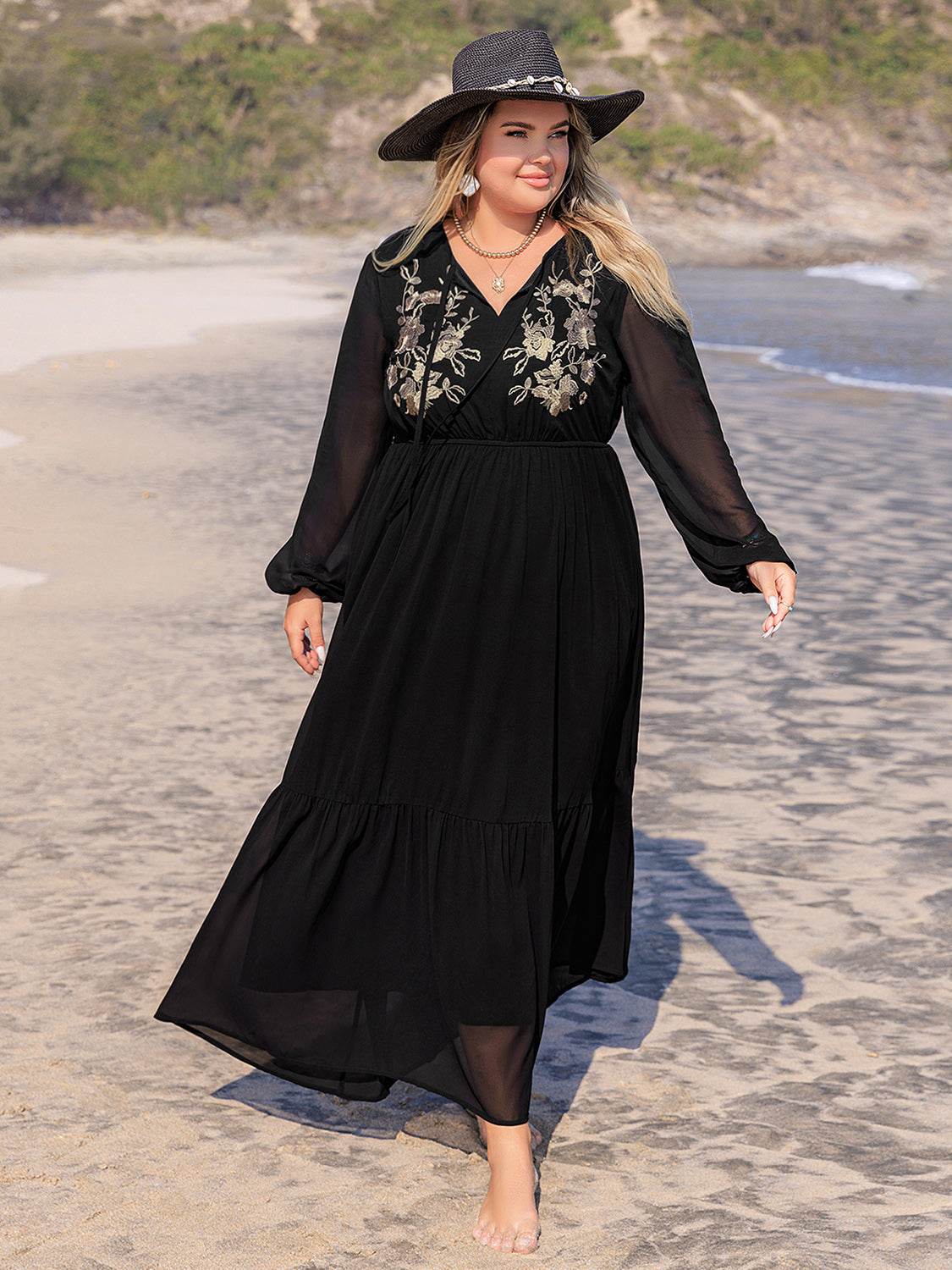Plus Size Embroidered Tie Neck Long Sleeve Dress - Delanoir