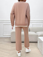 Devine Round Neck Dropped Shoulder Top and Pants Sweater Set - Delanoir
