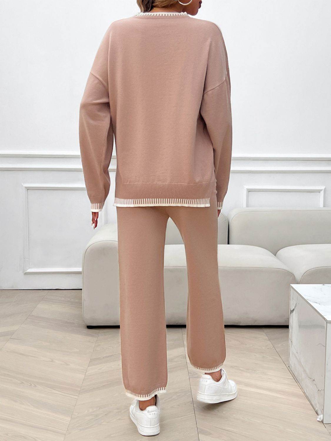 Devine Round Neck Dropped Shoulder Top and Pants Sweater Set - Delanoir