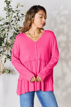 Double Take Half Button Long Sleeve Ruffle Hem Blouse - Delanoir