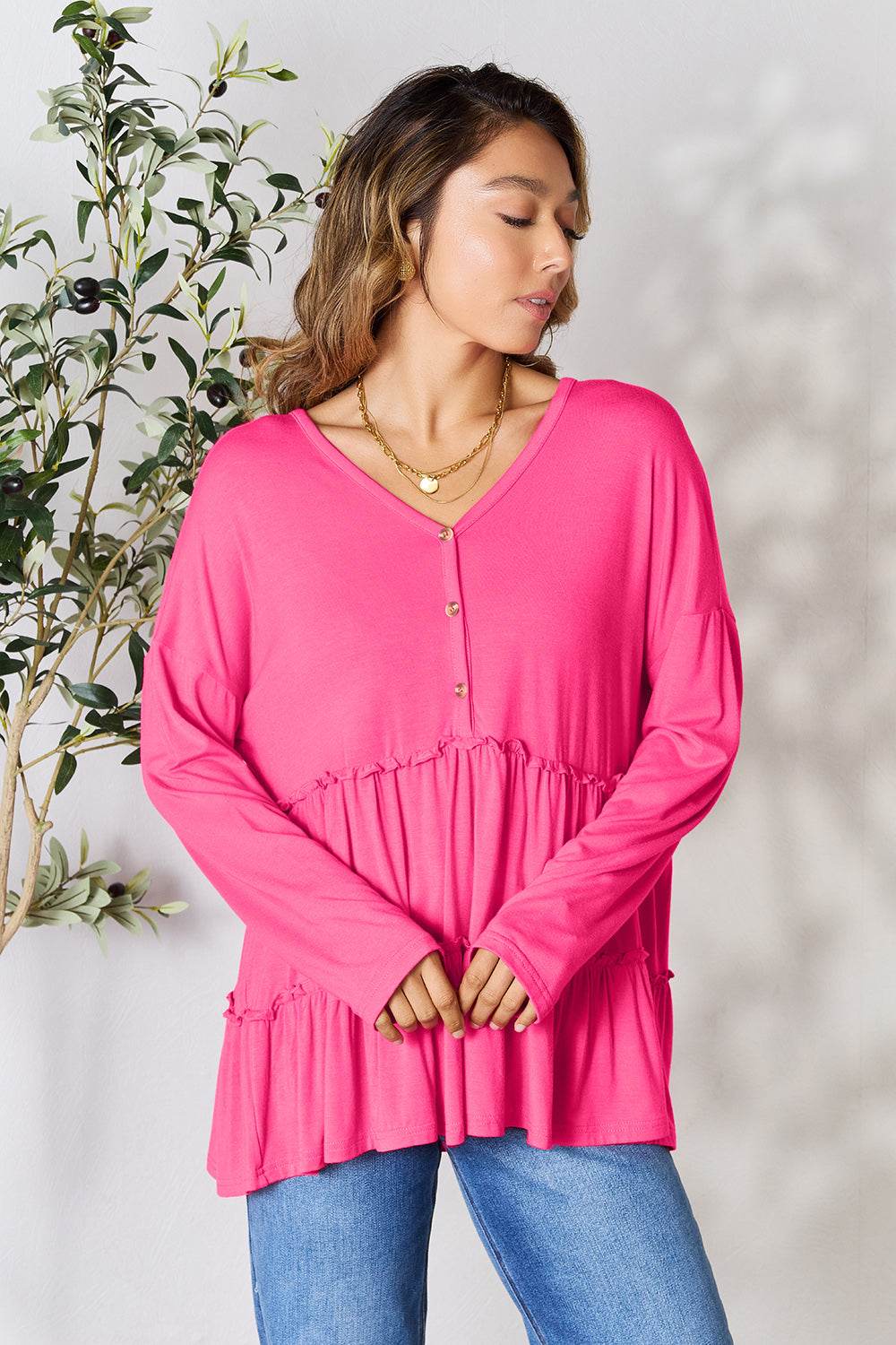 Double Take Half Button Long Sleeve Ruffle Hem Blouse - Delanoir