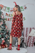 Christmas Asymmetrical Neck Long Sleeve Dress - Delanoir