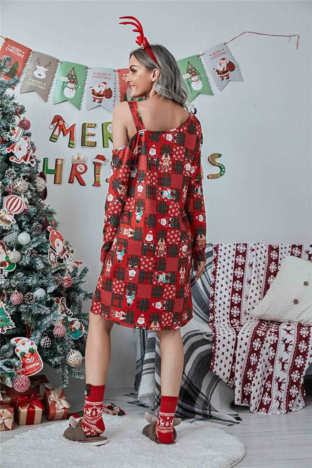 Christmas Asymmetrical Neck Long Sleeve Dress - Delanoir