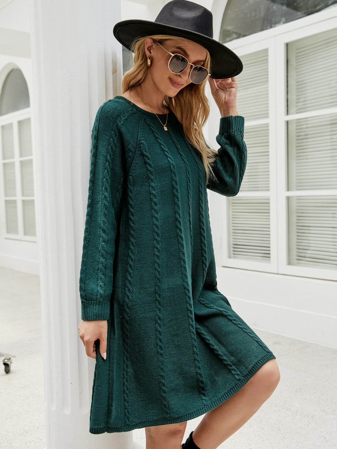 Cable-Knit Long Sleeve Sweater Dress - Delanoir