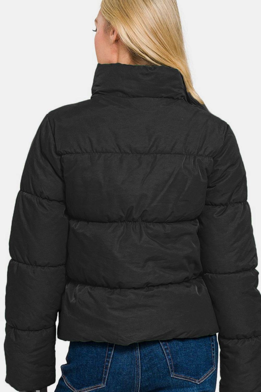 Zenana Zip Up Turtleneck Puffer Jacket with Pockets - Delanoir