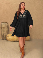 Plus Size Embroidered Tie Neck Long Sleeve Mini Dress - Delanoir