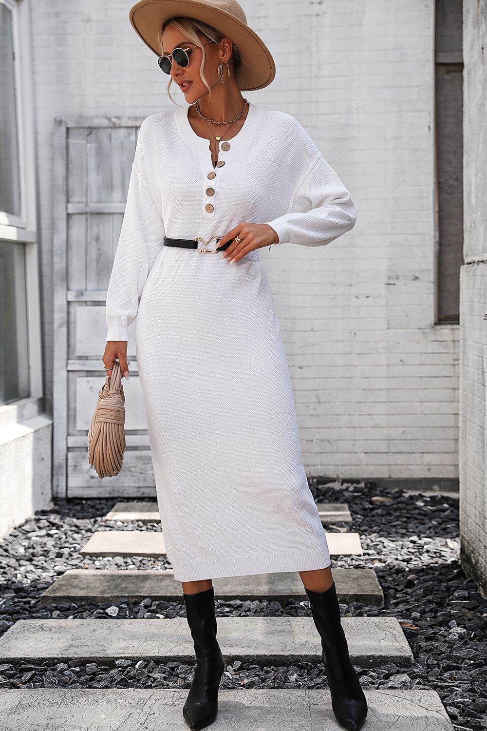 Decorative Button Notched Dropped Shoulder Sweater Dress - Delanoir