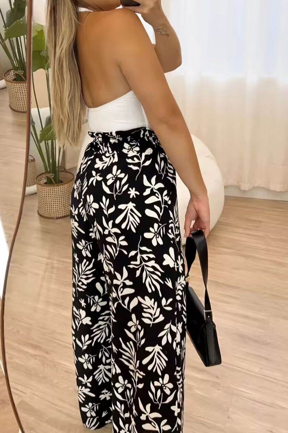 Full Size Printed High Waist Wide Leg Pants - Delanoir