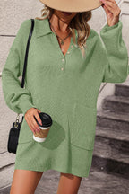 Collared Neck Long Sleeve Sweater Dress with Pockets - Delanoir