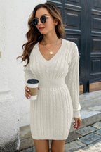 Cable-Knit V-Neck Long Sleeve Mini Sweater Dress - Delanoir
