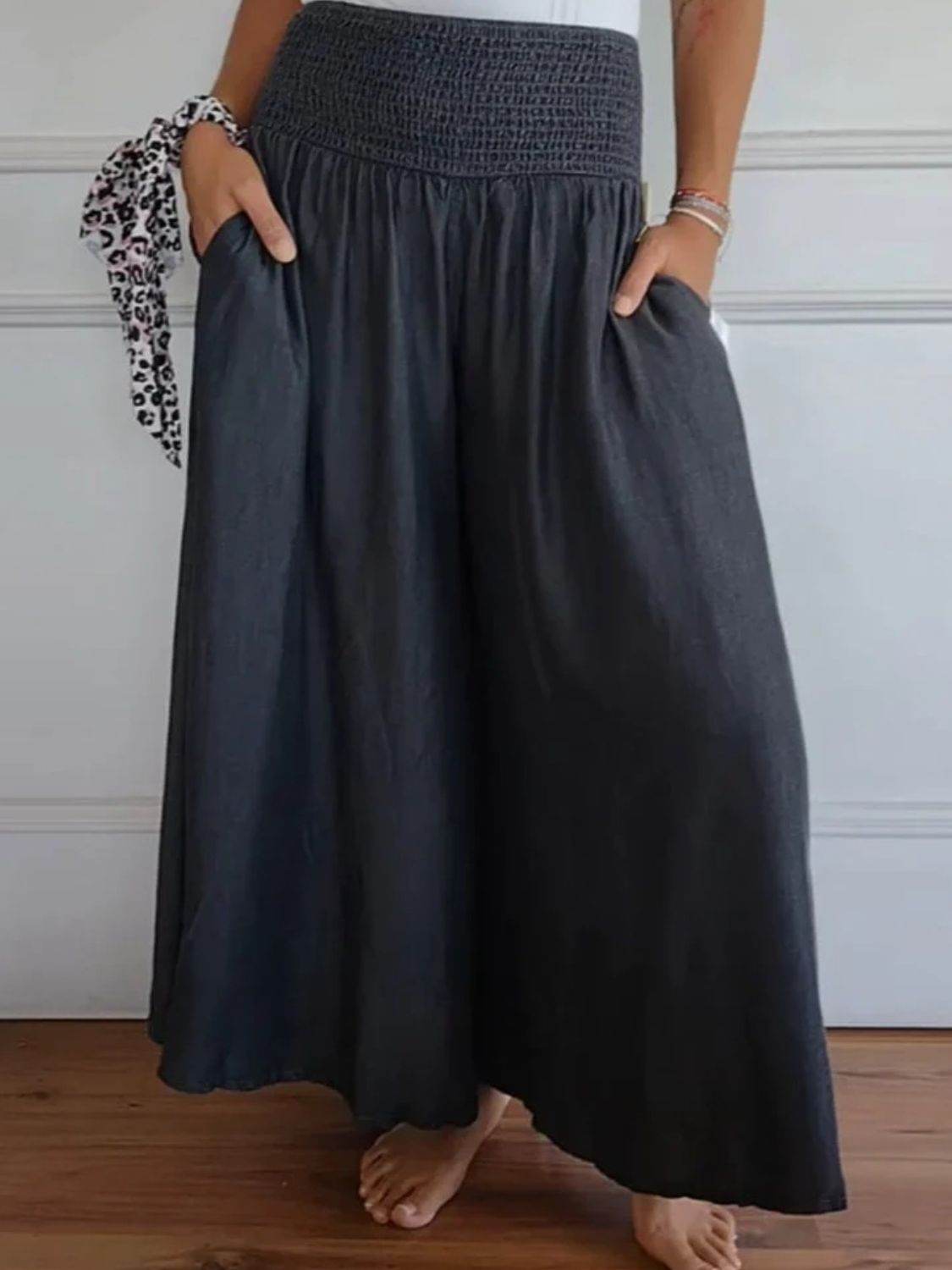Full Size Smocked Wide Leg Pants with Pockets - Delanoir
