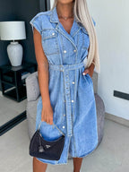 Collared Neck Cap Sleeve Denim Dress - Delanoir