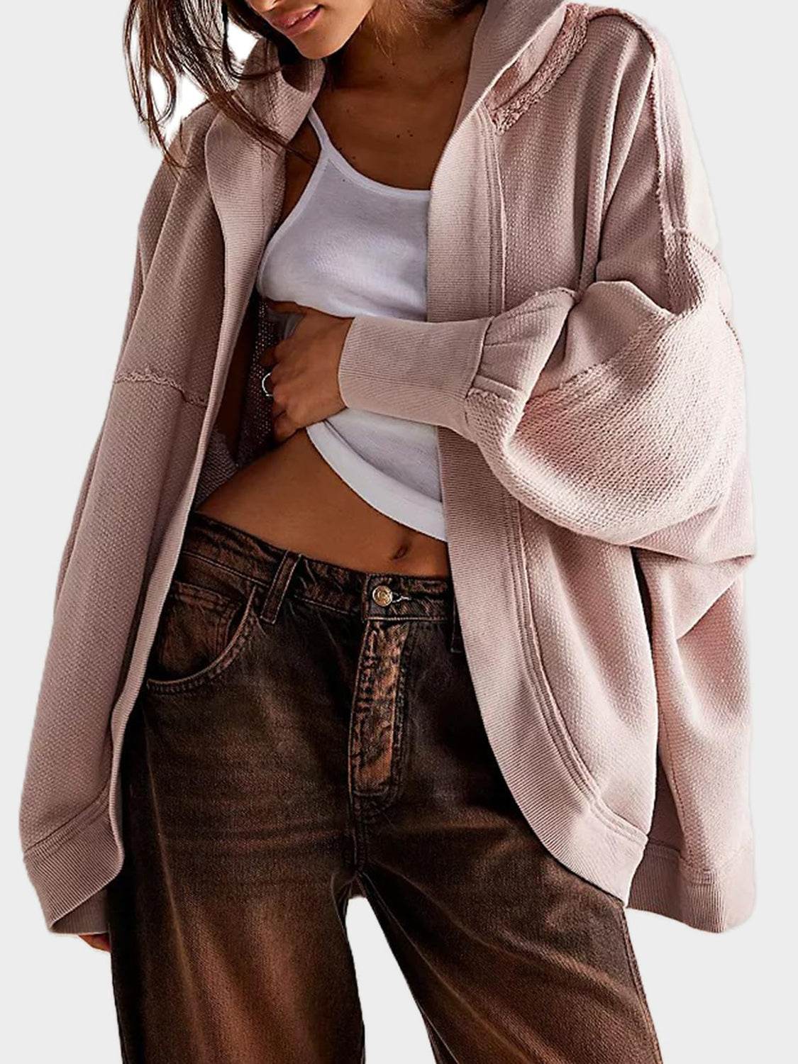 Exposed Seam Open Front Batwing Sleeve Hooded Cardigan - Delanoir