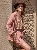 Lace Detail Collared Neck Long Sleeve Top and Shorts Set - Delanoir