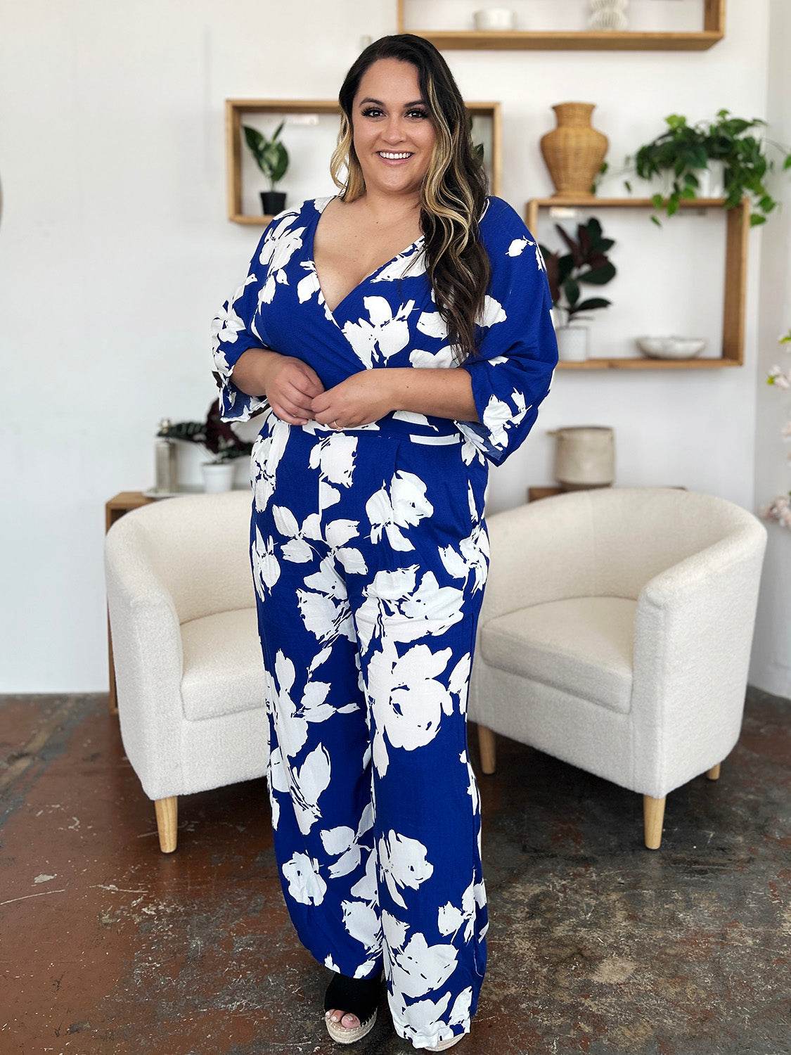 Double Take Full Size Printed Tie Back Wide Leg Jumpsuit - Delanoir