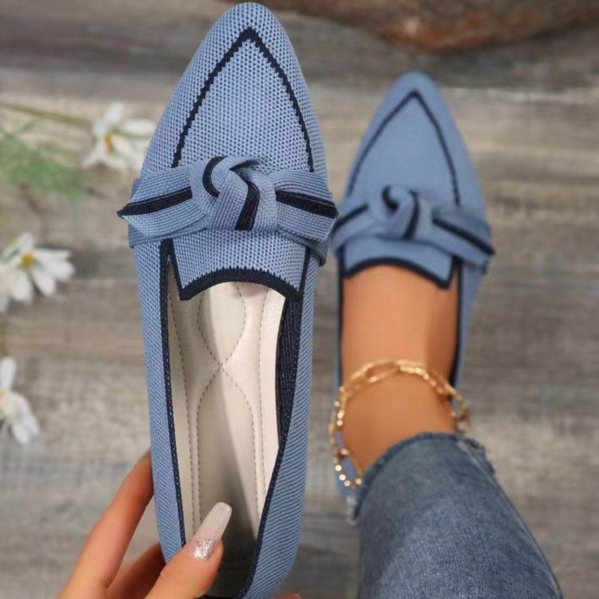 Bow Contrast Trim Point Toe Loafers - Delanoir