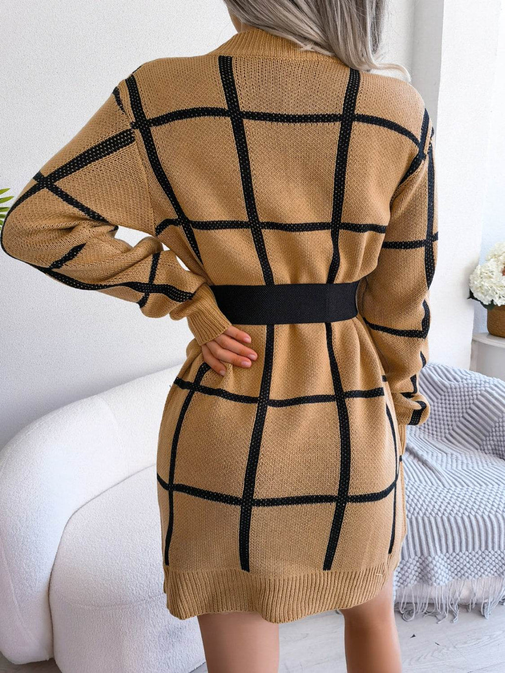 Plaid Round Neck Dropped Shoulder Sweater Dress - Delanoir
