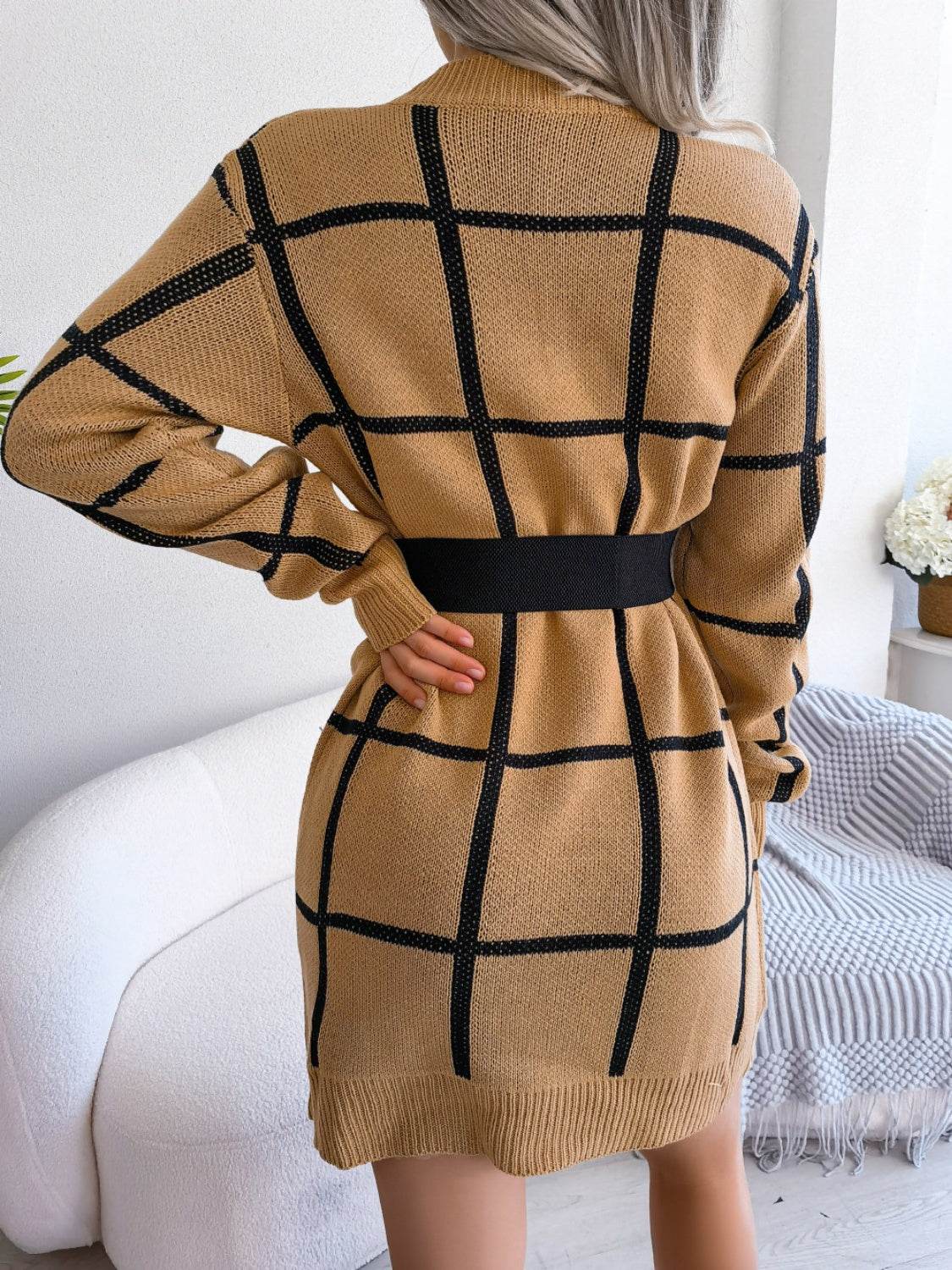Plaid Round Neck Dropped Shoulder Sweater Dress - Delanoir
