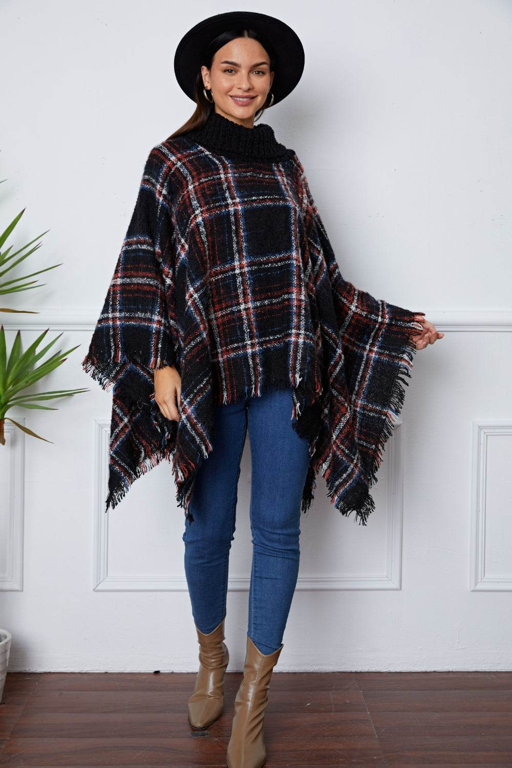 Shiny Turtleneck Plaid Raw Hem Sweater - Delanoir