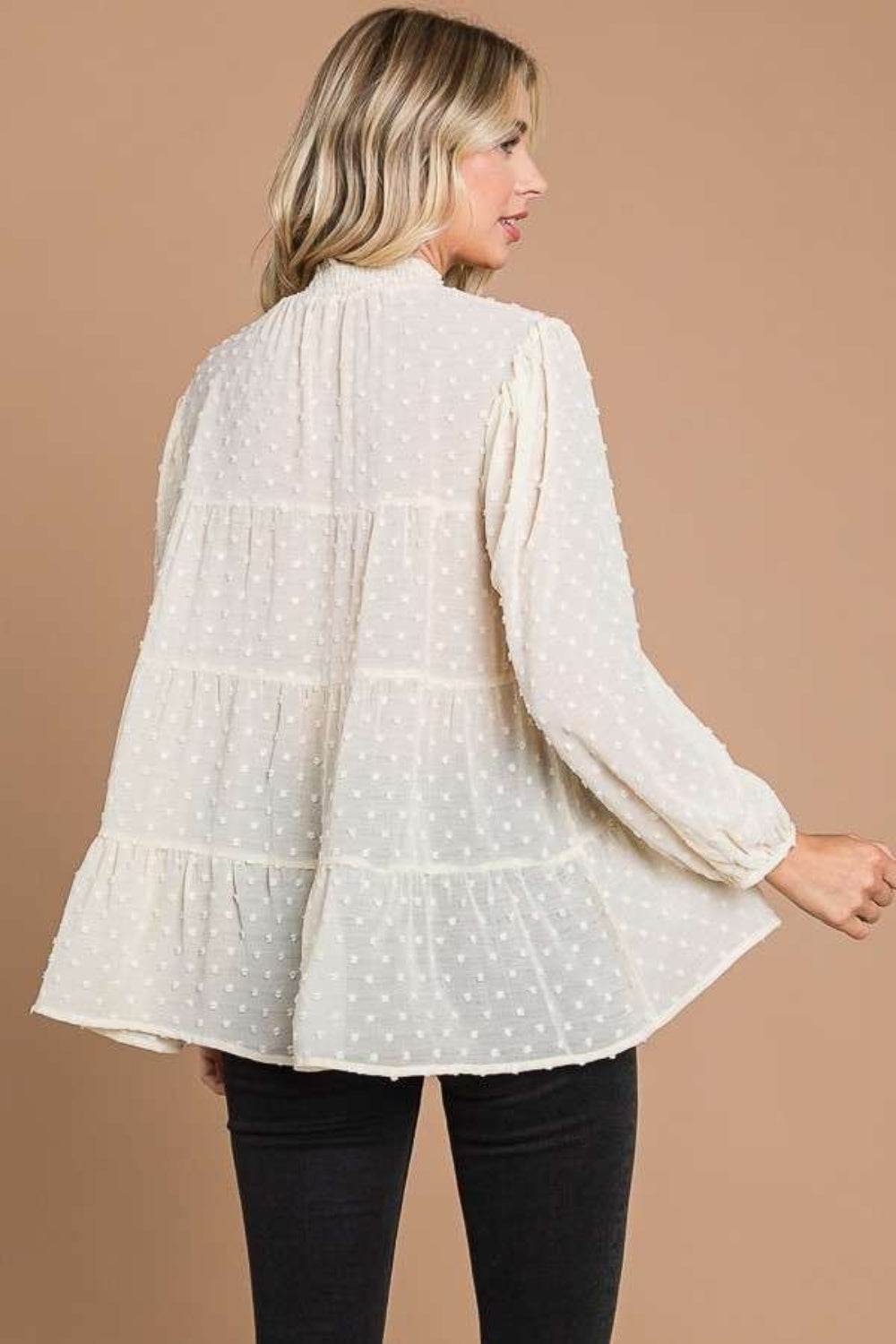 Culture Code Full Size Swiss Dot Smocked Mock Neck Blouse - Delanoir