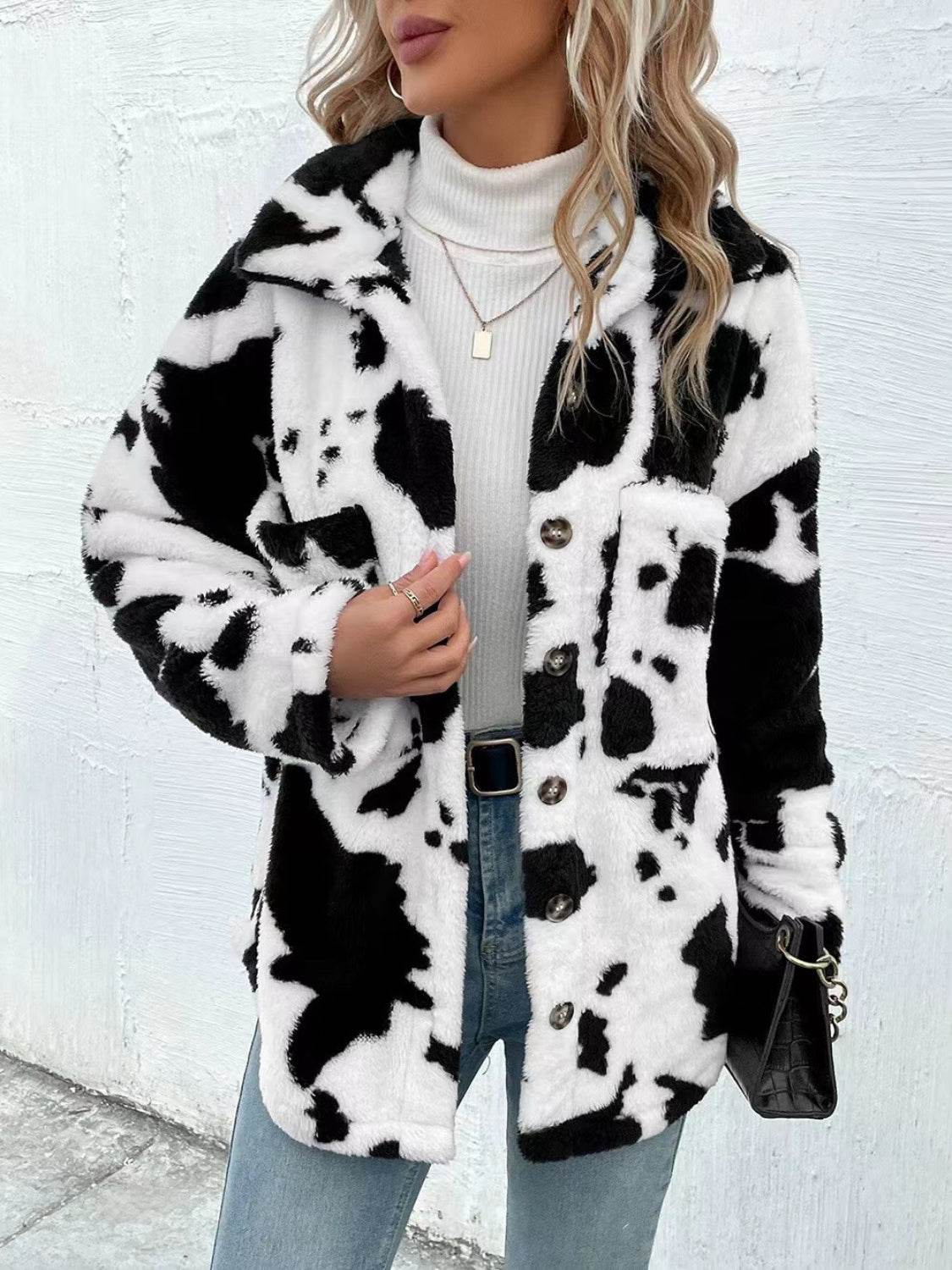 Cow Print Collared Neck Button Up Fuzzy Jacket - Delanoir