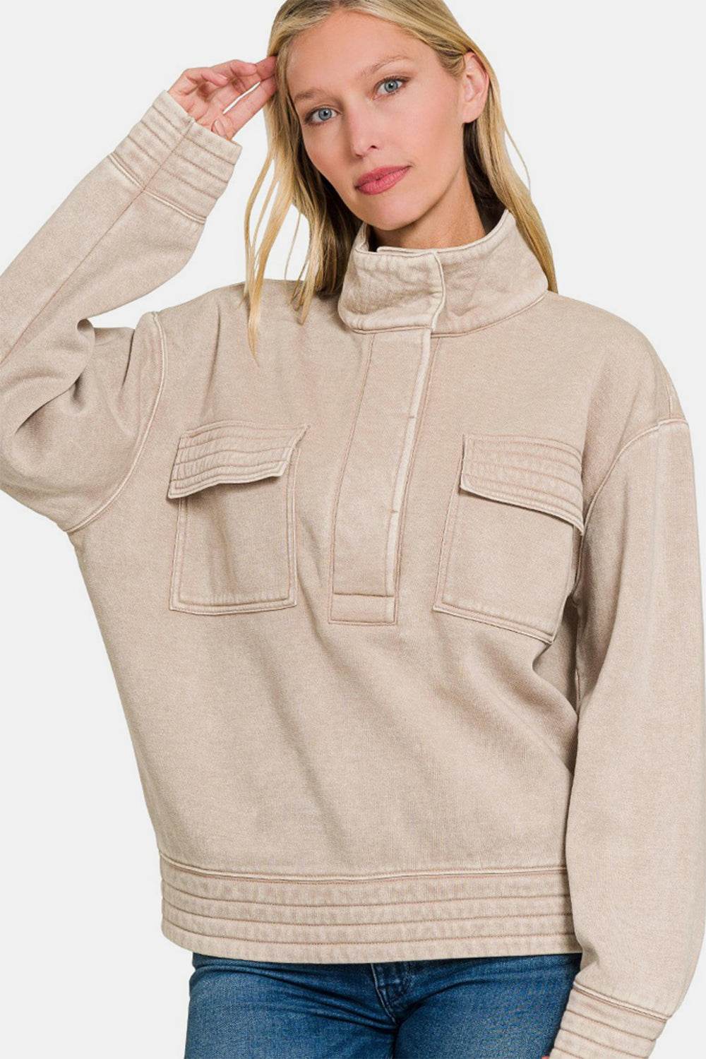 Zenana Acid Washed Half Snap Fleece Sweatshirt - Delanoir