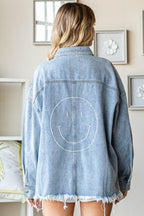 First Love Smile Face Button Down Raw Hem Denim Jacket - Delanoir