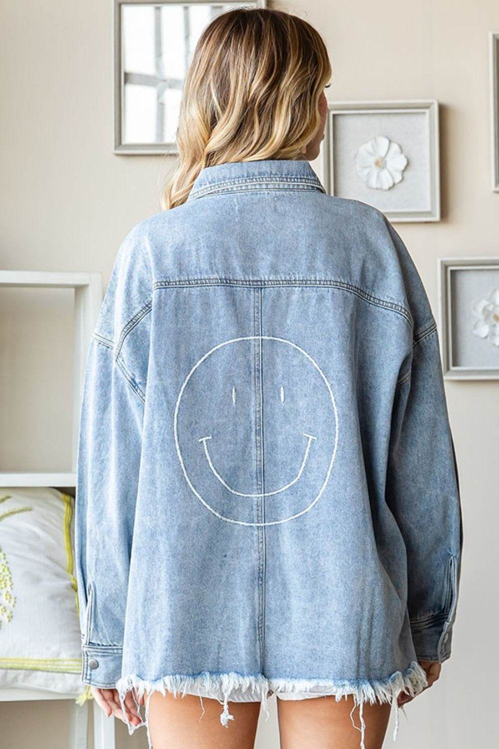 First Love Smile Face Button Down Raw Hem Denim Jacket - Delanoir