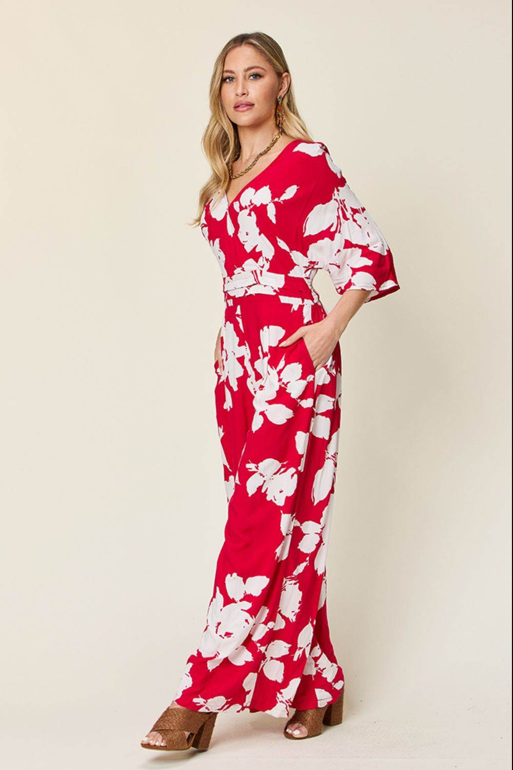 Double Take Full Size Printed Tie Back Wide Leg Jumpsuit - Delanoir