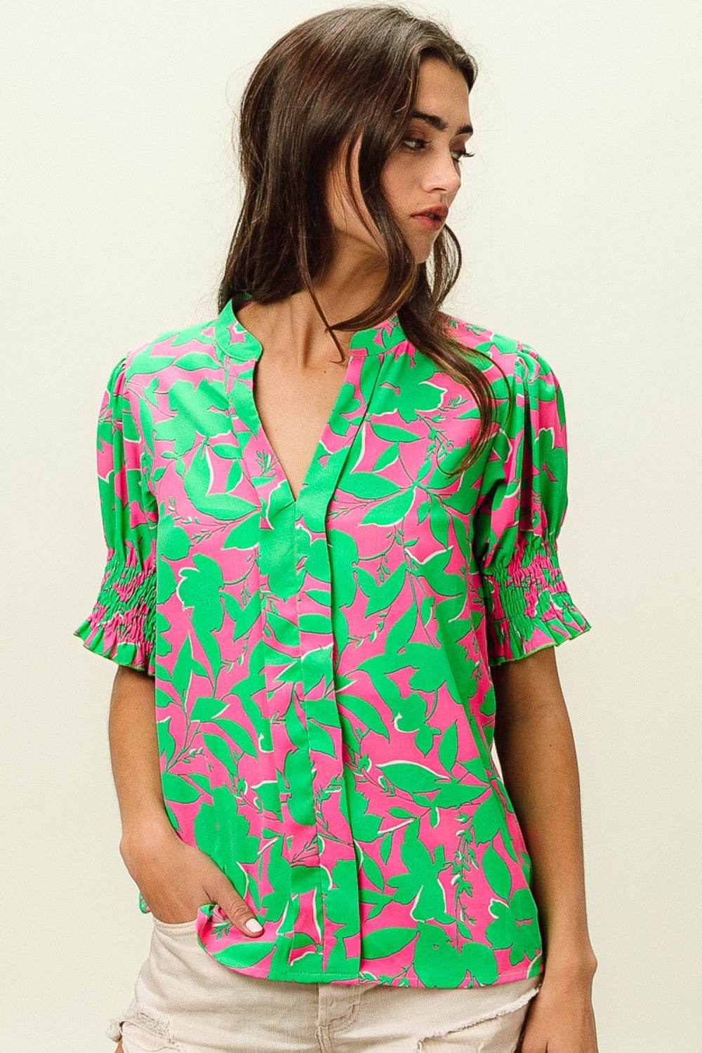 BiBi Smocked Cuff Floral Contrast Top - Delanoir