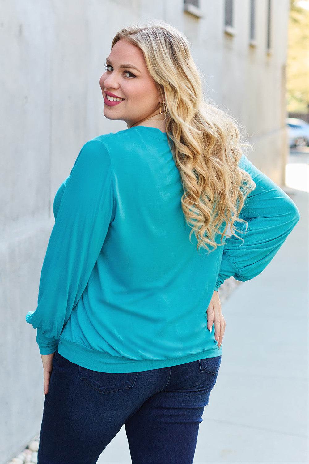 Basic Bae Full Size V-Neck Lantern Sleeve Top - Delanoir