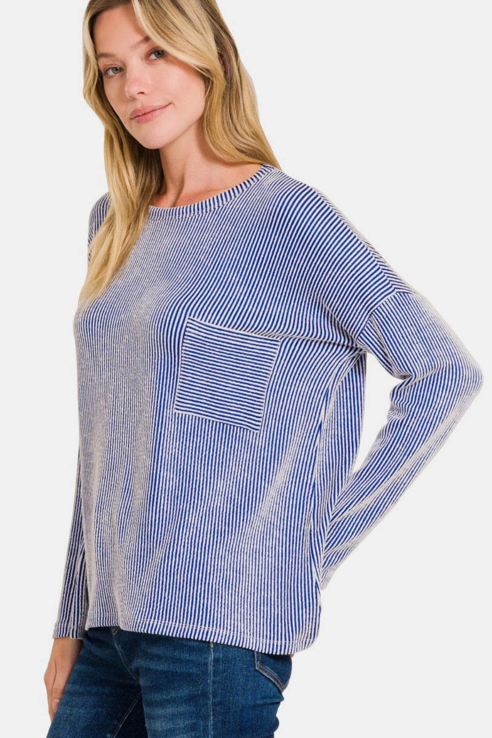 Zenana Ribbed Striped Long Sleeve T-Shirt - Delanoir