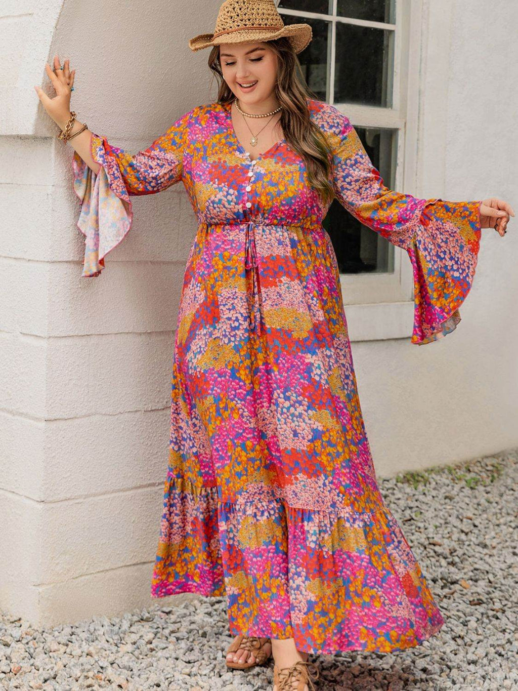 Plus Size Printed V-Neck Long Sleeve Maxi Dress - Delanoir