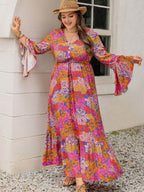 Plus Size Printed V-Neck Long Sleeve Maxi Dress - Delanoir