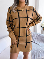 Plaid Round Neck Dropped Shoulder Sweater Dress - Delanoir