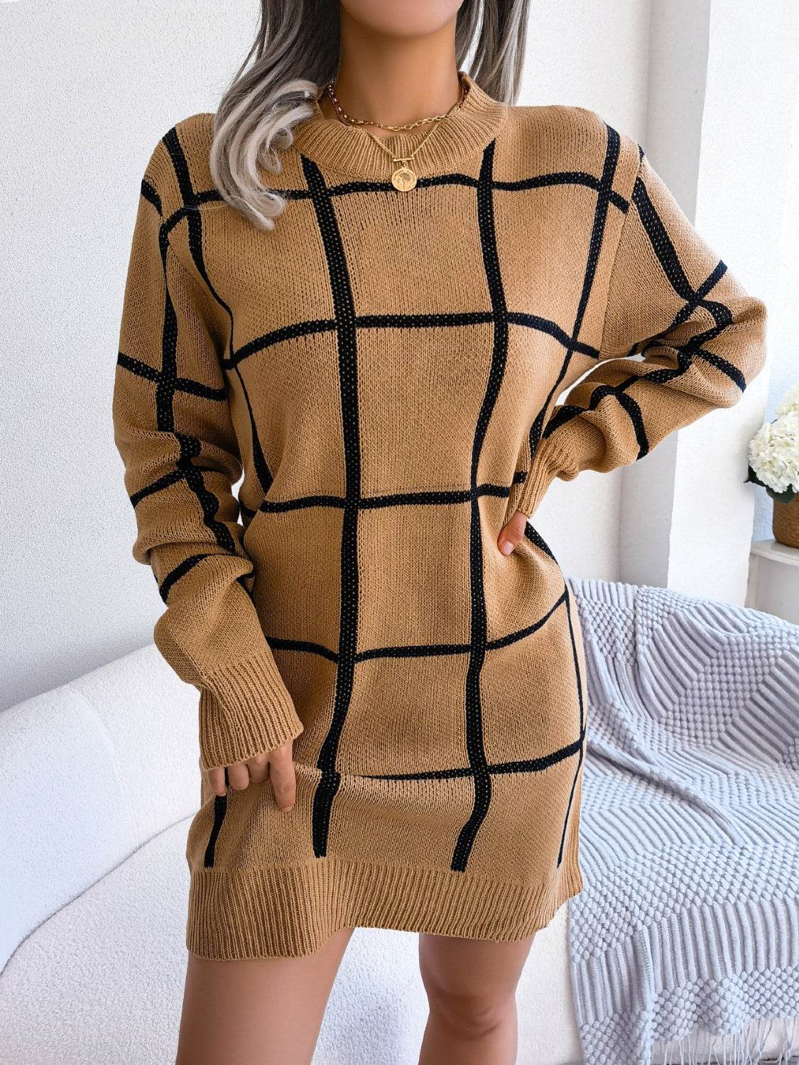 Plaid Round Neck Dropped Shoulder Sweater Dress - Delanoir